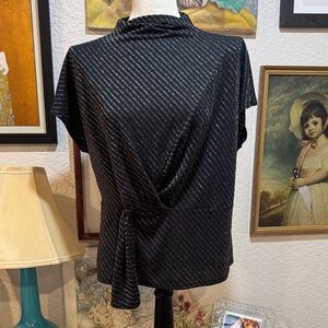 Belldini Black Striped Faux Wrap Blouse